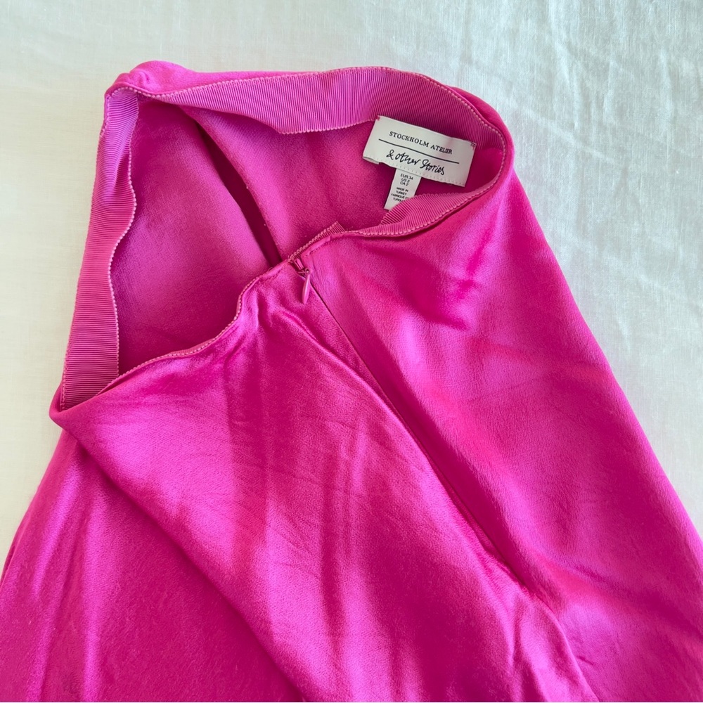 & OTHER STORIES Satin Asymmetrical Hem Midi Skirt in hot pink fuchsia - Picture 6 of 7